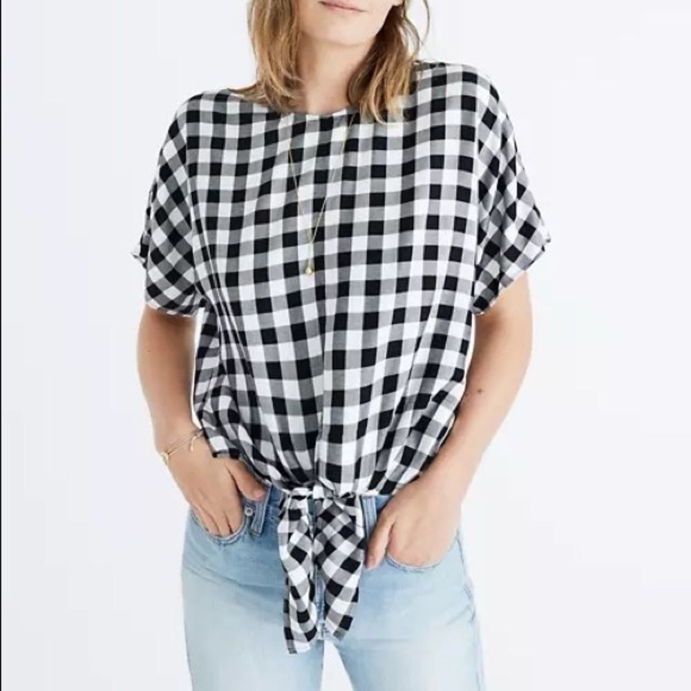 Madewell Black and white plaid button back tie front tee Size Small EUC
